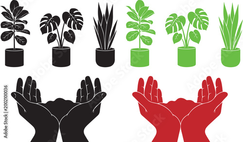 Indoor plants and caring hands silhouette set, eco friendly home gardening concept, black green red vector illustration, botanical decor elements, sustainability and nature protection design