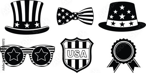 Uncle sam hat bow tie sunglasses shield usa patriotic vector illustration.