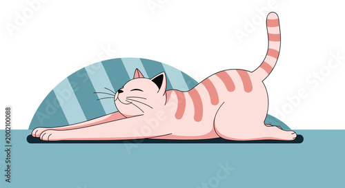 Charming pink striped cat performing a deep body stretch on a yoga mat with a blue striped background.