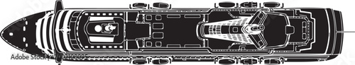 Luxury yacht deck plan, top view, black and white illustration, nautical architecture