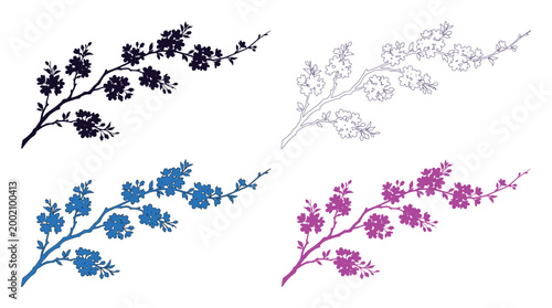 Elegant cherry blossom branch vector set, delicate floral design elements, blooming sakura flower illustrations, spring nature graphics for wedding invitations and branding isolated PNG with
