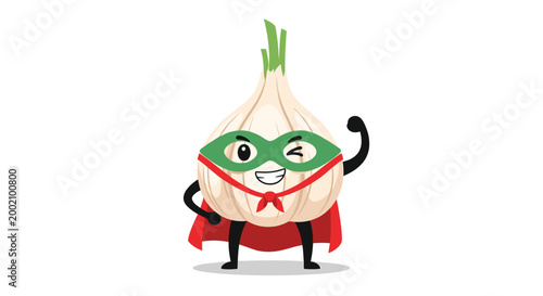 Funny cartoon garlic character dressed as a powerful superhero wearing a green mask and a red cape while making a strong muscular pose.