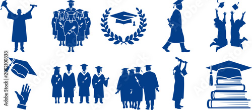 Graduation and education icons set with graduation education scholarship academic university learning knowledge achievement celebration mortarboard as transparent cutout