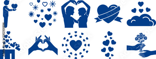 Assortment of heart symbols couple silhouette hand gestures love-themed illustrations as isolated element