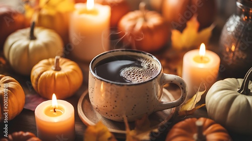 Warm steaming coffee mug surrounded by glowing candles, small pumpkins, and colorful autumn leaves creating a cozy atmosphere