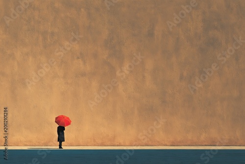 Minimalist illustration of a solitary figure holding a red umbrella against a textured wall.