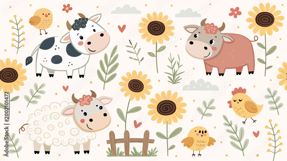 Naklejka premium Cute farm animals pattern with cows, sheep, chickens, sunflowers and hearts on a light background