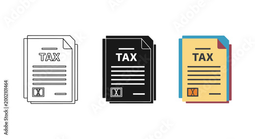 Collection of tax document graphic illustrations showing different design styles for financial paperwork representation
