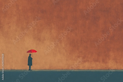 Solitary Figure Holding Red Umbrella Against Abstract Orange Background.