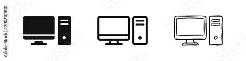 Desktop Computer Workstation Icon Set with Monitor and PC Tower