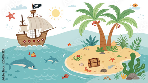 Cartoon pirate island with treasure chest, ship, palm trees, dolphin, and sea life vector illustration of a tropical island scene for kids