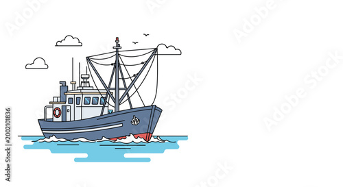 Large blue commercial fishing boat sailing on the calm ocean waters with nets ready for a day of work at sea under a cloudy sky.