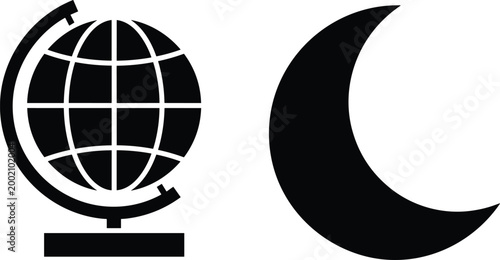 Black Silhouette Icon Set Featuring Desktop World Globe Map on Stand and Crescent Moon Shape for Educational, Scientific, Astrology, and Global Navigation Graphic Designs