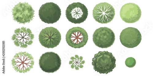 Set of top view tree icons for landscape architecture design and garden planning with various green shapes