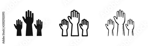 Raised Hands Icon Set Representing Volunteering, Voting, and Teamwork