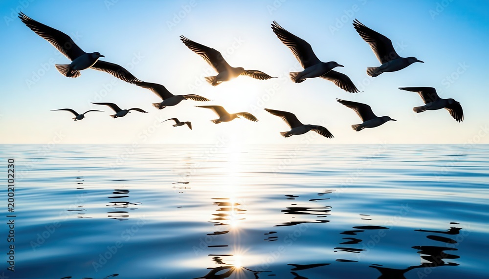 Obraz premium a group of birds flying above the water. The birds soar gracefully as the sun shines brightly over the calm sea.