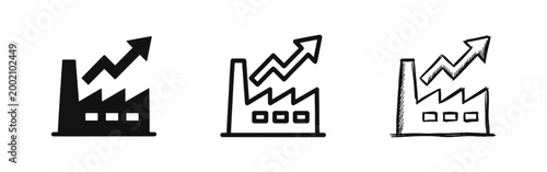 Industrial Factory Growth and Production Increase Icon Set with Arrow