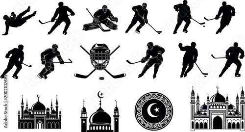 Ice Hockey Player Silhouette Set with Goalie, Sticks, Helmet and Islamic Mosque, Crescent Symbols for Sports, Religion and Culture Designs