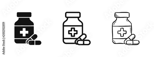 Medicine Bottle and Capsules Icon Set for Pharmacy and Healthcare