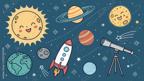 Cute handdrawn space elements set with sun, planets, rocket, and telescope on a dark blue background