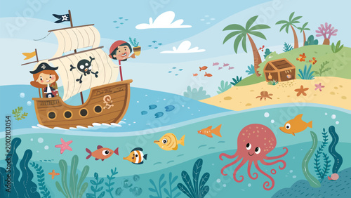 Cute pirate children on a ship sailing in the ocean near a tropical island with a treasure chest and sea creatures