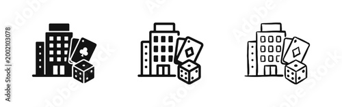 Casino Building with Playing Cards and Dice Icon Set