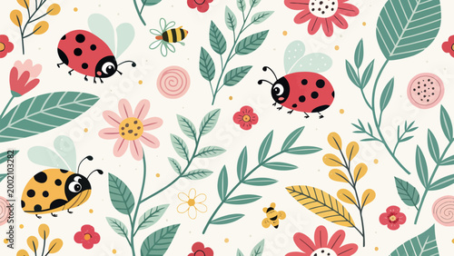 Seamless pattern with cute ladybugs, bees, and flowers vector illustration of garden insects and plants on a light background for fabric, wallpaper