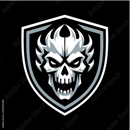 Fiery Skull Shield Emblem Mascot Logo With Angry Flames In Dark Horror Style