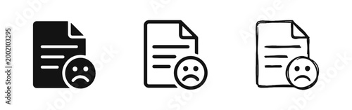 Document Rejection Icon Set with Sad Face Feedback Symbol