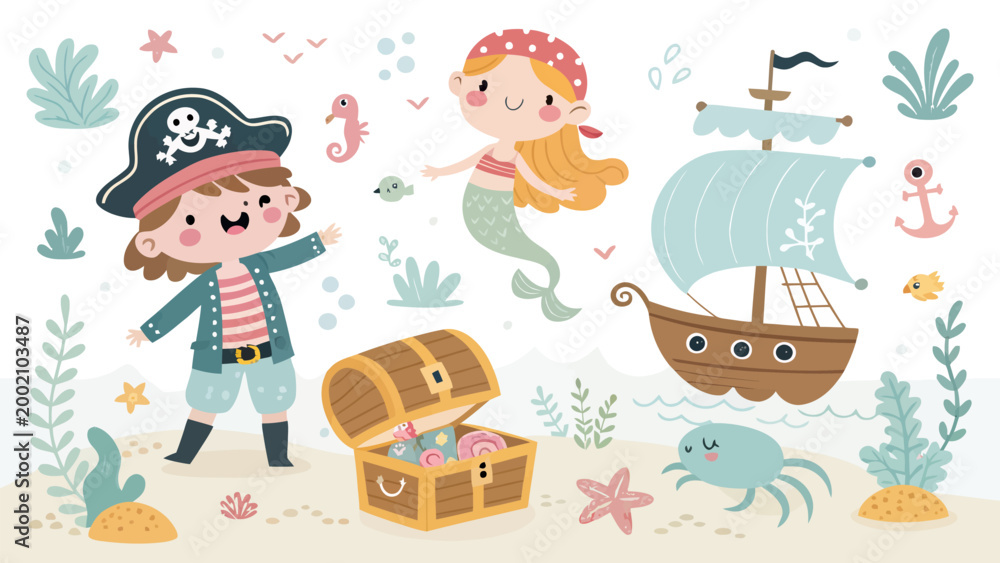 Fototapeta premium Cute pirate boy and mermaid with treasure chest and ship on the beach, vector illustration