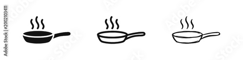 Frying Pan with Steam Icon Set for Cooking and Culinary Arts
