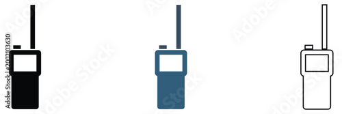 Walkie Talkie Radio Icons Communication Device Set. Set of walkie talkie icons in outline, solid, and colored styles with signal waves, representing wireless communication and radio devices.