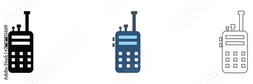Walkie Talkie Radio Icons Communication Device Set. Set of walkie talkie icons in outline, solid, and colored styles with signal waves, representing wireless communication and radio devices.
