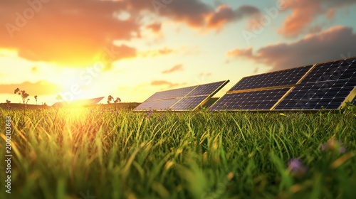 Solar energy panels in a lush green field at sunrise, capturing abundant sunlight for renewable power generation.