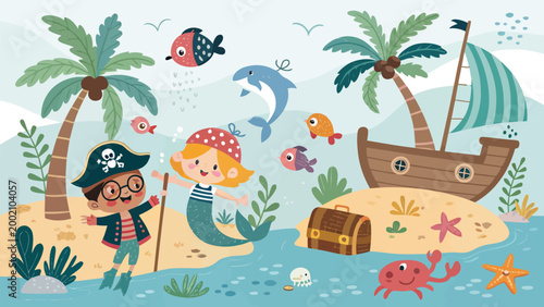 Cute pirate boy and mermaid girl on a tropical island with a ship, treasure chest, sea animals, and palm trees, cartoon vector illustration