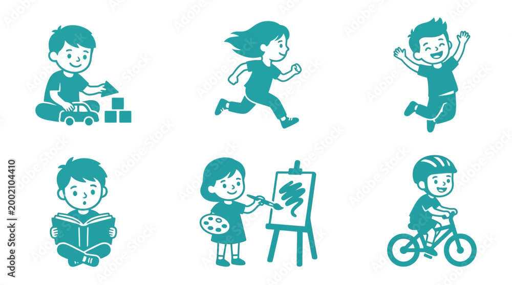 Fototapeta premium Children's Activities Collection: Playing, Running, Jumping, Reading, Painting, Cycling