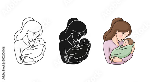 A heartwarming vector illustration showcasing a loving mother gently cradling her newborn baby with tender affection, representing maternal bond and new life.
