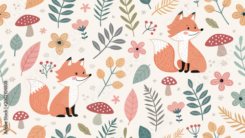 Seamless pattern with cute cartoon foxes, mushrooms, and autumn leaves woodland forest animals background for kids textile, wallpaper, or wrapping paper