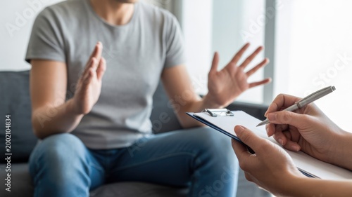  A man sits on a couch, gesturing expressively as a therapist diligently takes notes, creating a safe space for open dialogue and reflection.