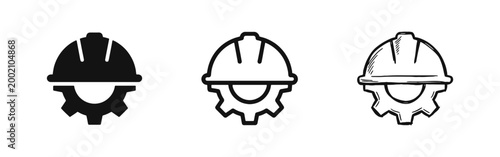 Engineering and Construction Icon Set, Hard Hat and Gear Symbol in Three Styles: Solid, Outline, and Hand-Drawn Sketch