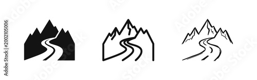 Mountain Road Icon Set, Winding Path through Peaks Symbol in Three Styles: Solid, Outline, and Hand-Drawn Sketch