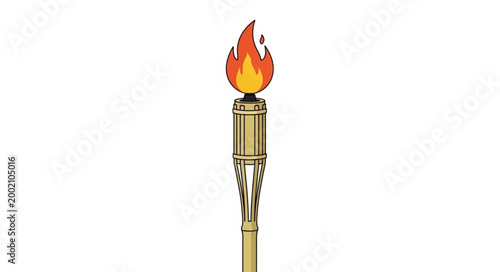 Golden Torch with Bright Flame on White Background.