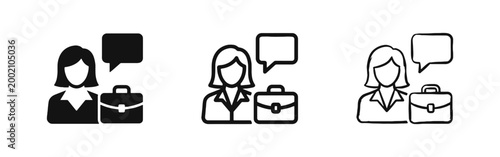 Businesswoman and Communication Icon Set, Professional Woman with Briefcase and Speech Bubble in Three Styles