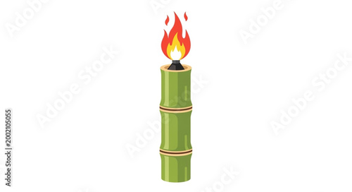 Green Bamboo Torch with Fiery Flames Isolated on White.