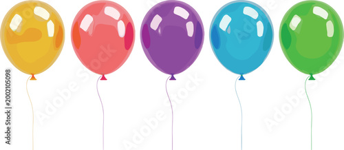 Colorful Glossy Balloons Set with Strings, Celebration Party Decoration Illustration for Birthday, Festival and Event Design