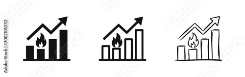 Hot Growth Trend Icon Set, Financial Bar Chart with Flame and Rising Arrow Symbol in Three Styles