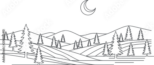 Tableau sur toile Minimalist continuous line art illustration depicting a serene night landscape with rolling hills and abundant evergreen trees under a crescent moon, perfect for simple designs