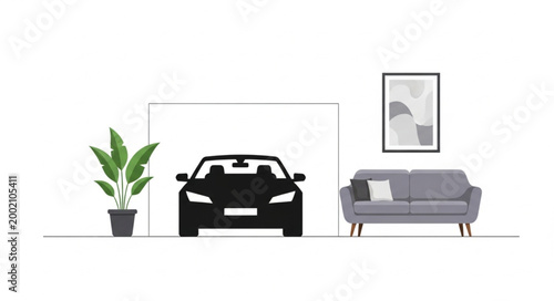 Illustration showing car parked inside a living room home.