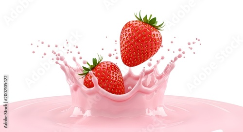 strawberries splashing into pink liquid on white background