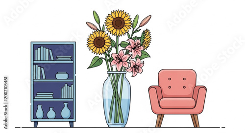 Living room furniture with a bookshelf flowers and an armchair.